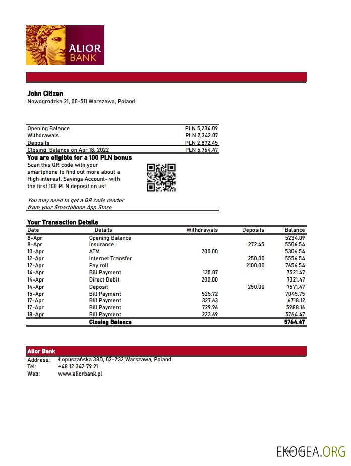 Pologne Relevé bancaire d'Alior xls